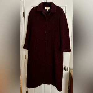 Talbots Vintage Burgundy Wine Boucle’ Long Elegant Wool Blend Overcoat Size 14